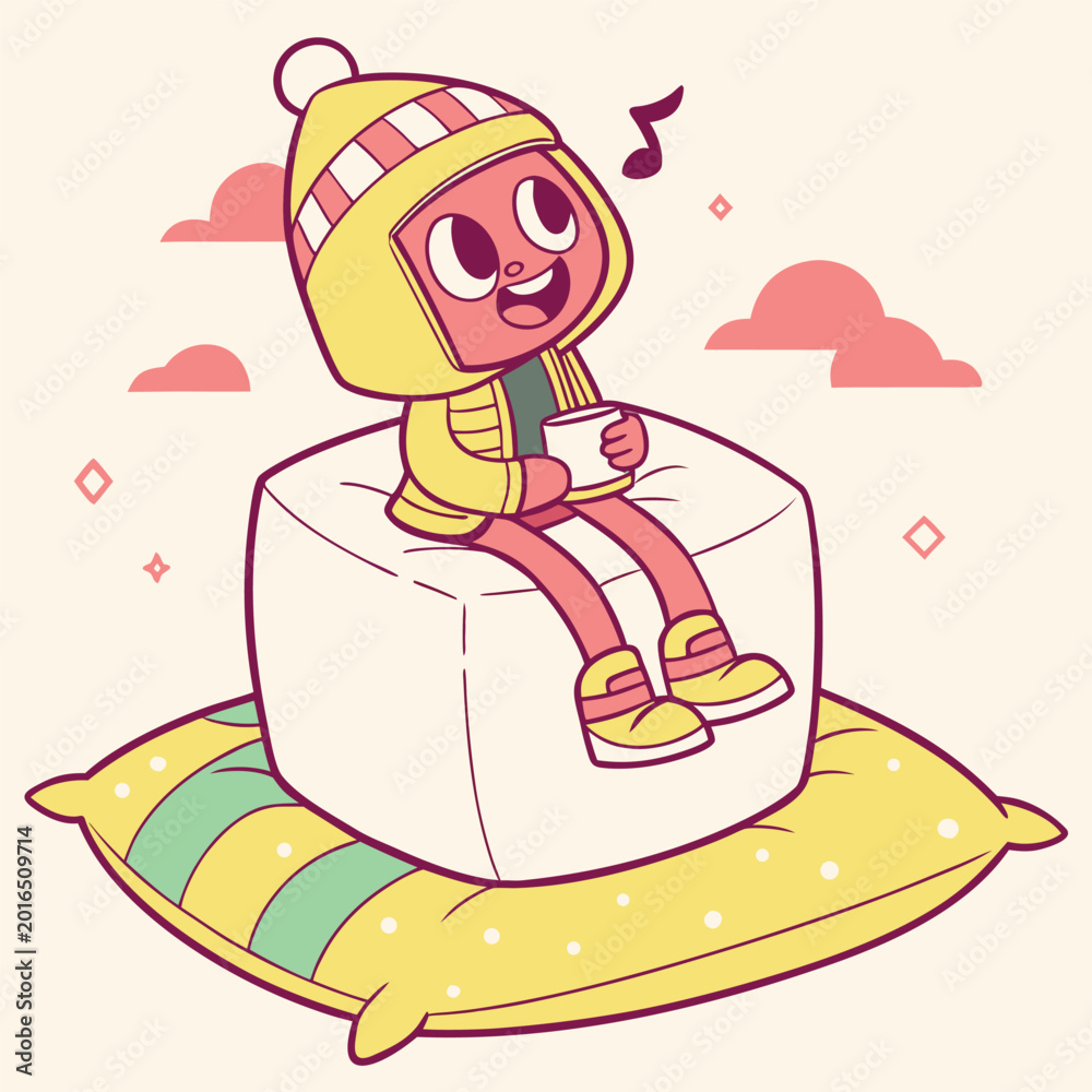 Fototapeta premium A cheerful cartoon character sitting on a large cube with a cup of hot beverage