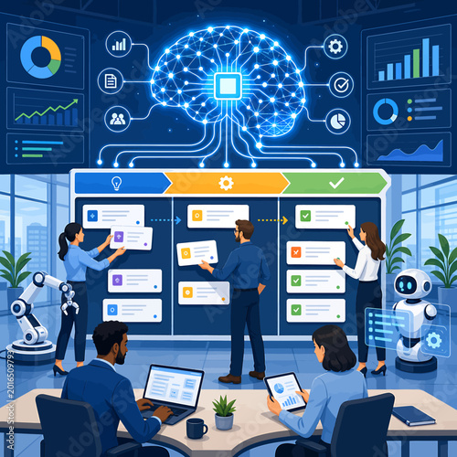 AI-powered collaboration for strategic business optimization teams leverage data insights to streamline workflows and drive innovation in a modern tech office