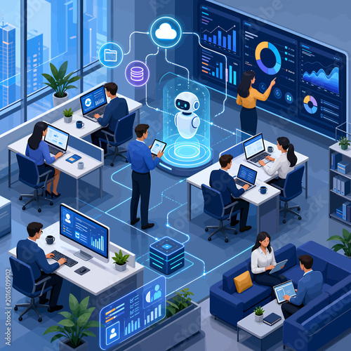 Futuristic Office with AI Robot, Data Management Dashboards, Cloud Computing, and Professional Teams Collaborating on Digital Business Solutions