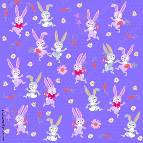 Seamless pattern with cheerful bunnies, flowers and carrots. Kids textile des...