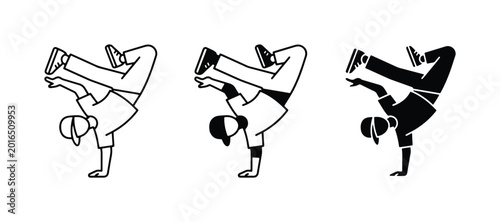 Schilderij op canvas Breakdancing Silhouette, Line Art, and Filled Vector Icons: B-boy Pose