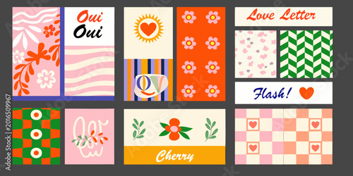 Cuadro en lienzo retro illustrated cards quartet with floral and geometric designs
