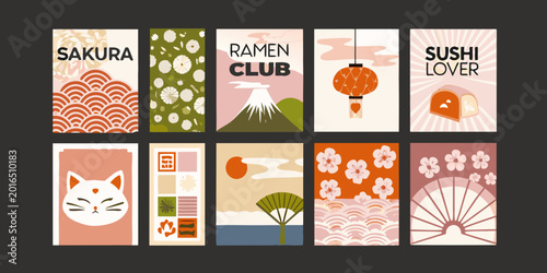 Bild auf Leinwand Japanese retro poster collection with sakura ramen sushi and cat motifs