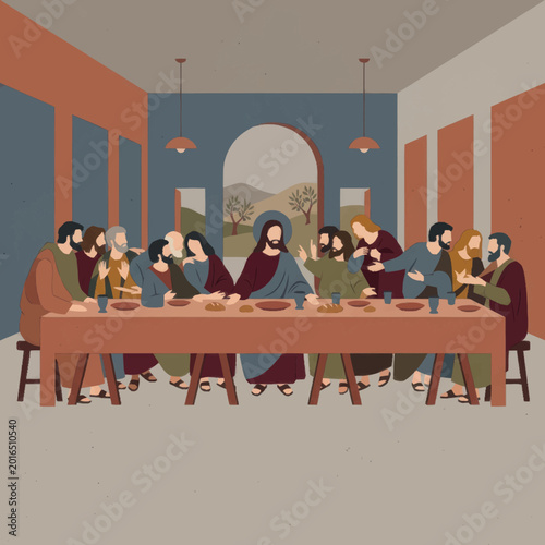 Tableau sur toile The Last Supper depicted with Jesus and his disciples gathered around a long table