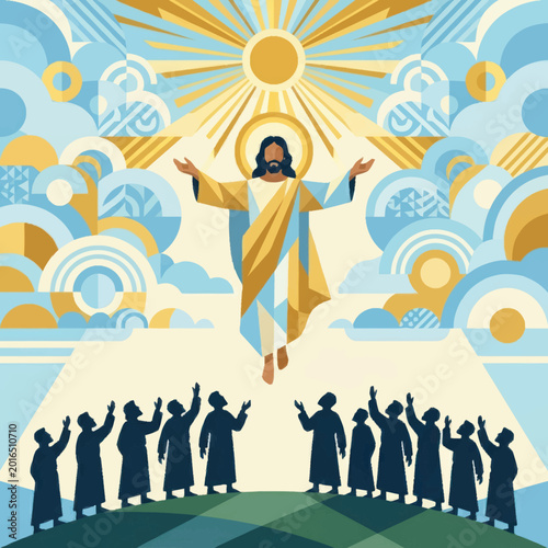 Jesus Christ Ascending to Heaven with Disciples Watching.