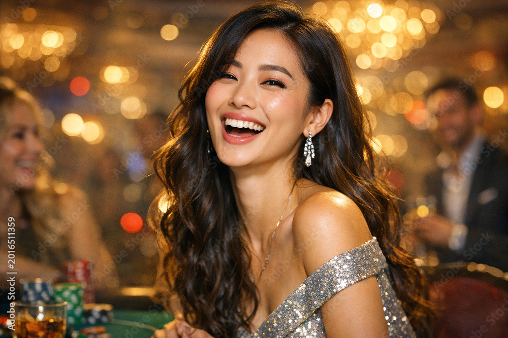 Fototapeta premium Young woman laughing in a luxurious casino setting