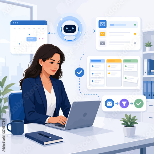 Professional Woman Leveraging AI and Automation for Enhanced Business Productivity and Streamlined Digital Workflow Management in a Modern Office Environment