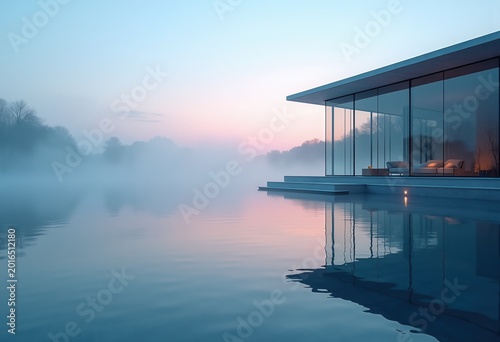 Contemporary Glass Structure Overlooking Shimmering Lake at Dawn with Mist and Reflections