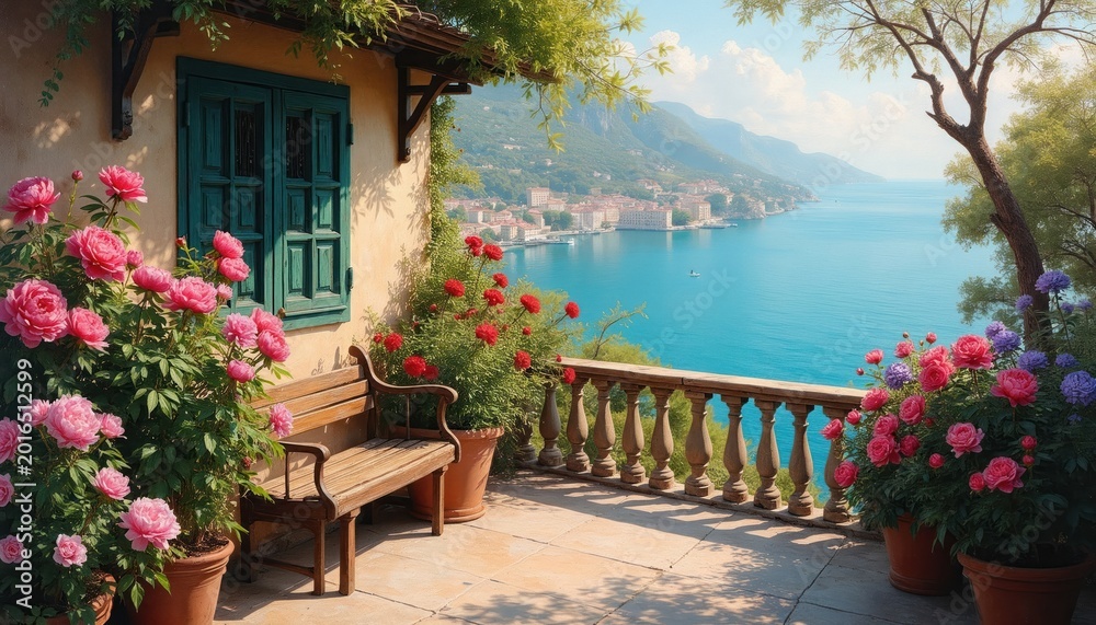 Naklejka premium Balcony overlooking calm sea city. Blooming pink red peonies and red roses in pots near bench. Green shutters on building wall. Tall tree casts shadow.