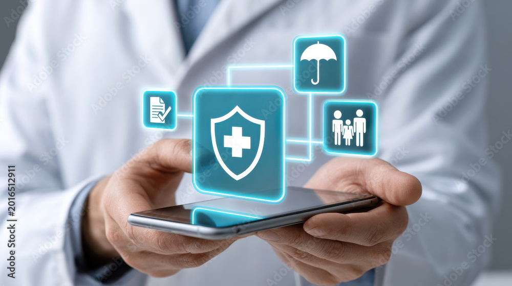 Obraz premium Healthcare shield icon on mobile phone held by professional, medical insurance concept, glowing interface connecting family and policy symbols