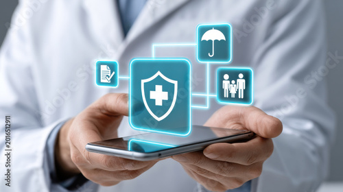 Healthcare shield icon on mobile phone held by professional, medical insurance concept, glowing interface connecting family and policy symbols