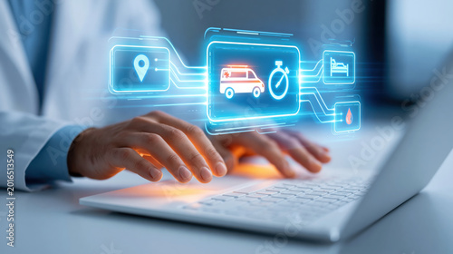 Hands typing on laptop with emergency medical icons overlaying digital interface conveying urgent response and healthcare coordination