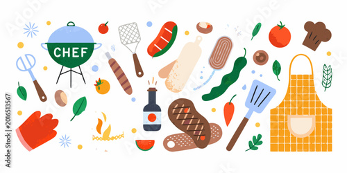 Flat vector illustration of a barbecue grilling set with various food items