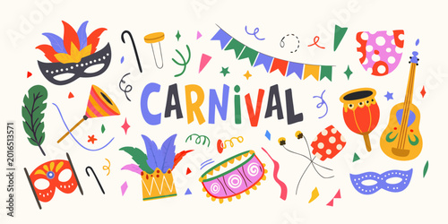 Fotografie Carnival celebration illustration with festive elements and colorful decorations