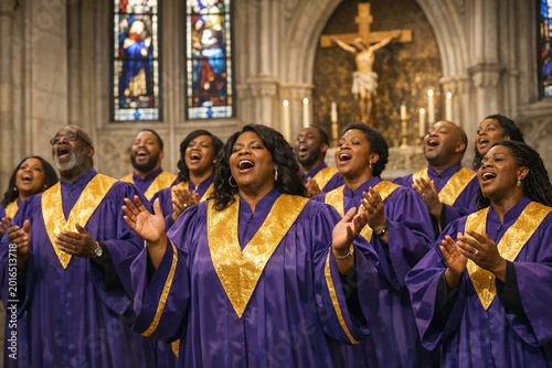 Purple robes with gold trim worn by choir members. Choir sings joyfully in a church with stained glass windows. Crisp, well-lit image of worshipful gospel singers