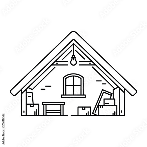 Bild auf Leinwand Attic storage room interior vector line icon featuring boxes and household items