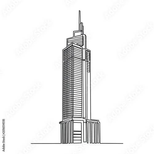 Single continuous line drawing of a modern glass skyscraper reaching towards the sky for commercial real estate marketing visuals