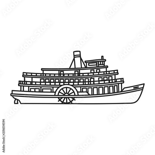 Photos Detailed black and white line art vector of a traditional riverboat with a paddl