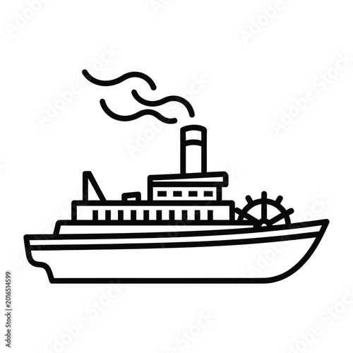 Black and white line art vector of a classic river steamboat with a paddle wheel and smoke for historical travel concepts