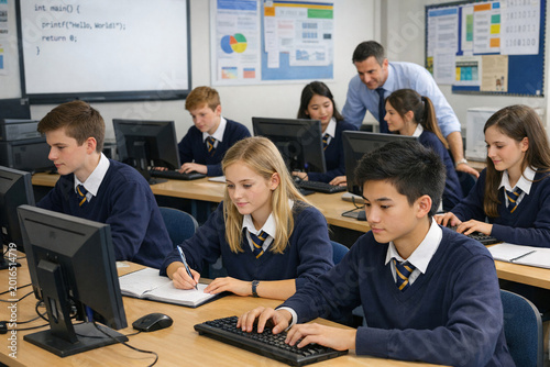 A group of students actively using laptops in a classroom setting.
