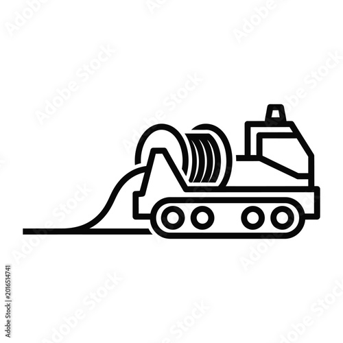 Minimalist black line art icon of a cable laying vessel with a large spool for deep sea telecommunications infrastructure