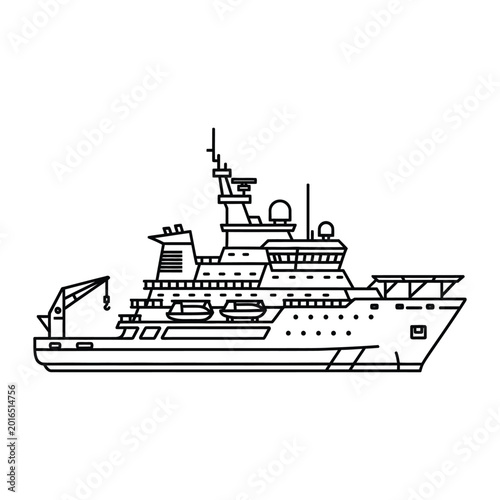 Professional black line art icon of a complex research vessel with a crane for oceanographic study and marine exploration