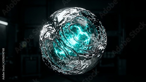 Glowing energy orb with swirling liquid and light effects swirling abstract technology futuristic