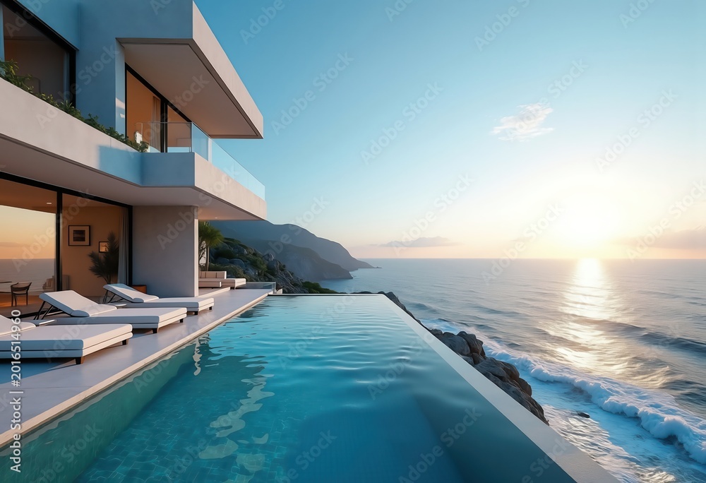 Fototapeta premium Stunning Infinity Pool Villa Ocean View Coastal Retreat Zen Atmosphere Tranquil Waves