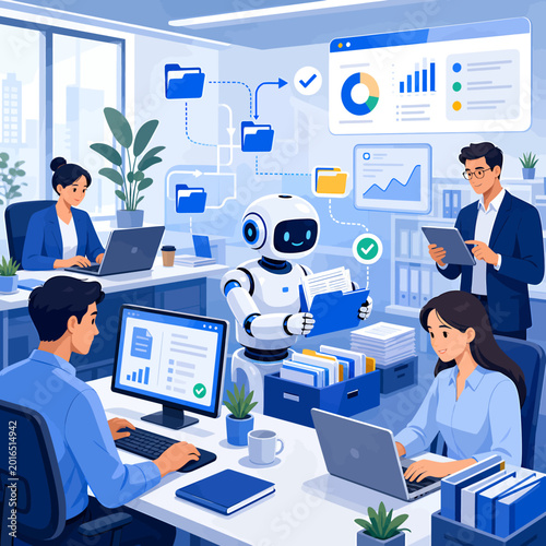 Intelligent AI robot collaborates with a busy office team, efficiently managing digital data and automating workflows to enhance business productivity and innovation