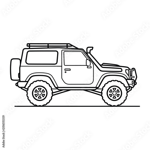 Offroad vehicle with snorkel and roof rack isolated line art vector illustration for automotive design and adventure travel concept