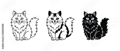 Tableau sur toile Fluffy cat vector icons, longhair feline character set, black and white pet masc