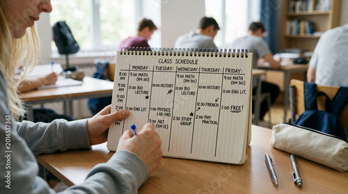 Student holding a handwritten weekly class schedule in a notebook. Teenager planning academic timetable with a pen at a desk in a classroom. Time management and education concept