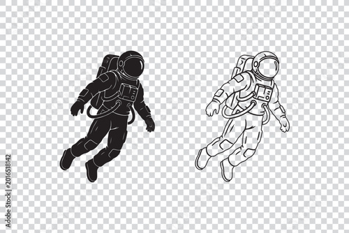 Fotografi Astronaut in space floating in zero gravity presented in solid black and outline
