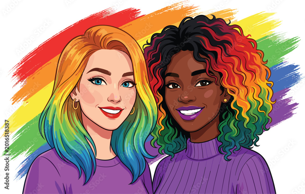 Obraz premium Diverse women with rainbow hair vector illustration, LGBTQ pride celebration concept with colorful artistic paint brushstrokes