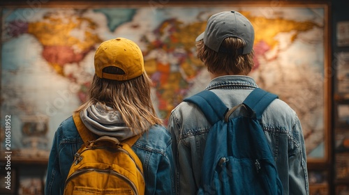 Young travel couple with backpacks looking at a world map in warm blue and yellow tones for global adventure planning
