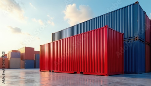Stacks of colourful shipping containers at a port. Large transport boxes are arranged in rows and columns. Blue and red cargo units stand on concrete ground.