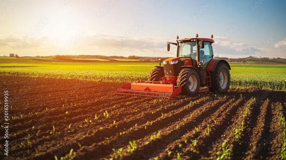 Fototapeta premium Tractor working in field to prepare soil for planting during spring season in rural area