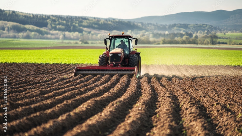 Fototapeta premium Tractor cultivates a field in spring sunlight as it prepares land for planting crops in a rural setting