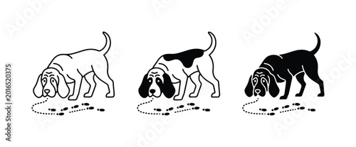 Foto Dog Tracking Scent, Hound Dog Following Footprints, Canine Detective Vector Illu