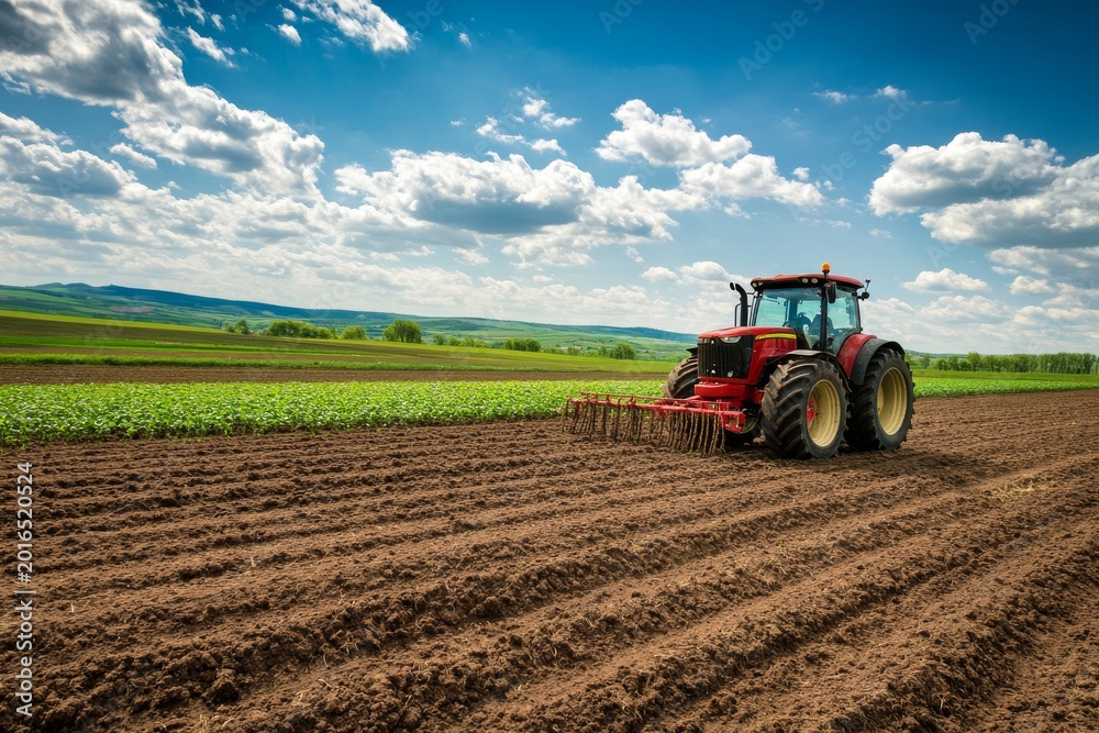 Fototapeta premium Tractor drills seeds into soil on farm field during bright sunny day in rural area