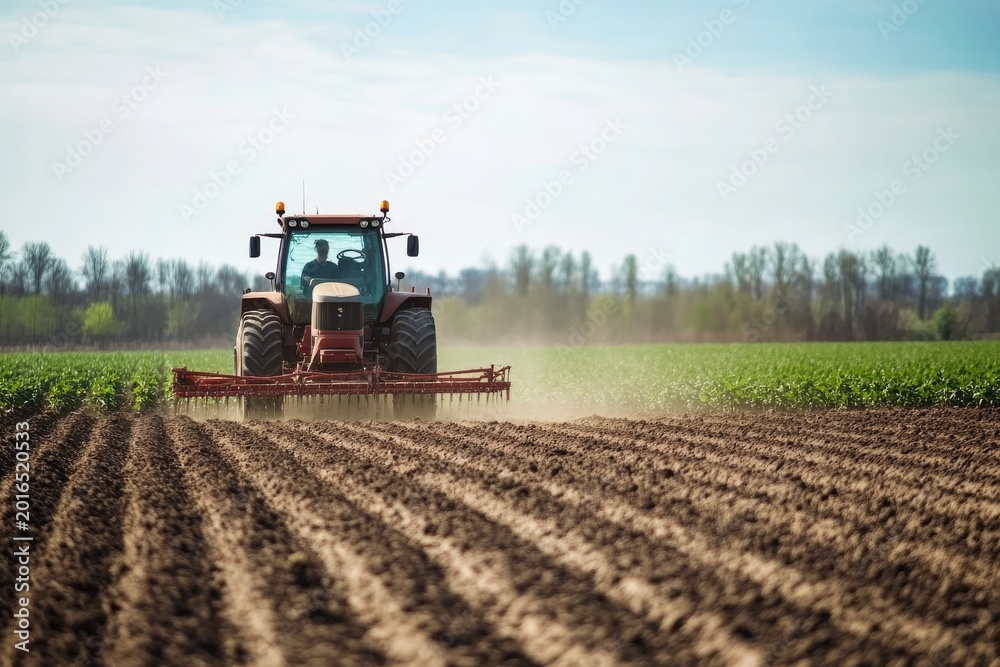 Fototapeta premium Tractor drills seeds in farm field during spring season in rural landscape