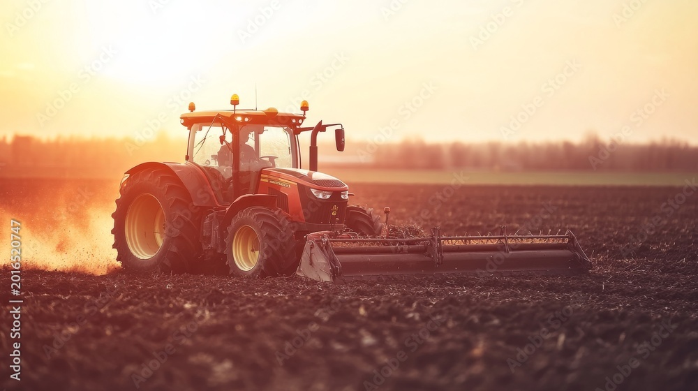 Fototapeta premium Tractor works on field as sun sets, plowing soil for future planting