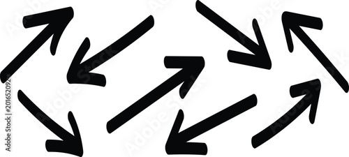 Thick black hand drawn straight arrows set for bold direction and navigation design elements on transparent background.