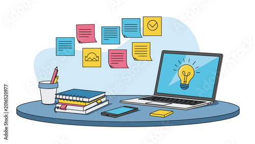 Productive workspace setup with an open laptop, stacks of notebooks, a cup of pens, and several colorful sticky notes on the wall.