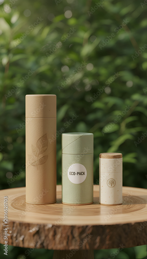 Naklejka premium Three cylindrical cardboard tubes on wood.
