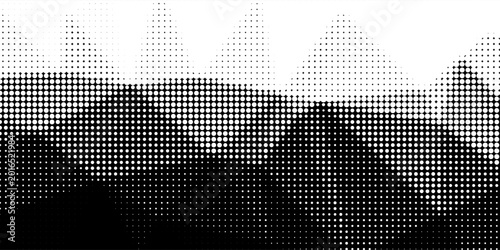 Vector halftone dots background, fading dot effect. Imitation of a mountain landscape, banner, shades of gray.