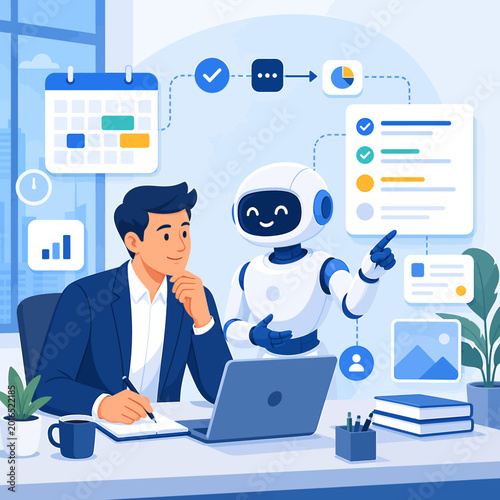 AI Robot Collaborates with Human Professional for Enhanced Business Productivity and Digital Task Management Automation, Optimizing Workflow and Efficiency
