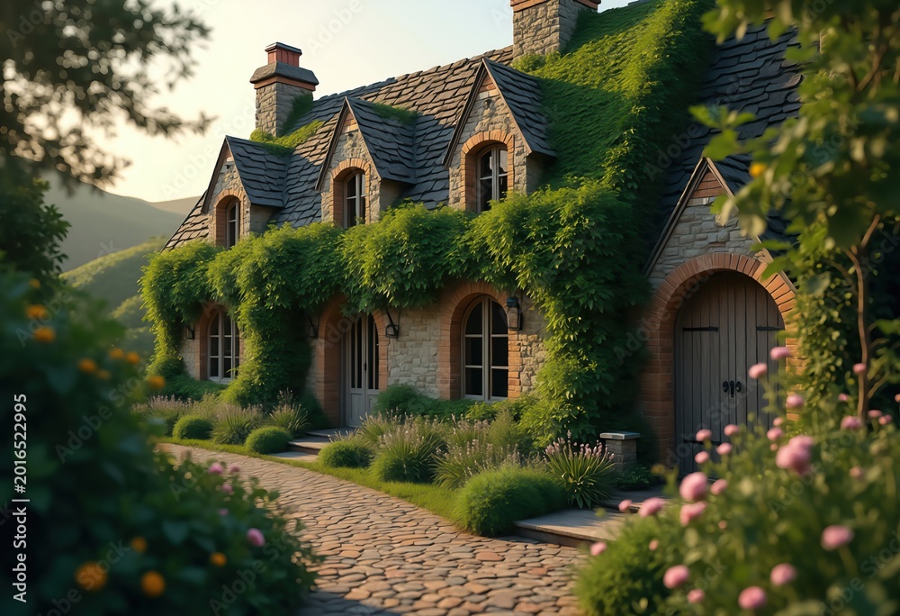 Fototapeta premium Charming Ivy-Covered Cottage Countryside Rustic Retreat Enchanting Hideaway