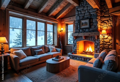 Charming Alpine Ski Lodge Rustic Stone Fireplace Cozy Warmth Snowy Slopes Surrounding Cabin Retreat