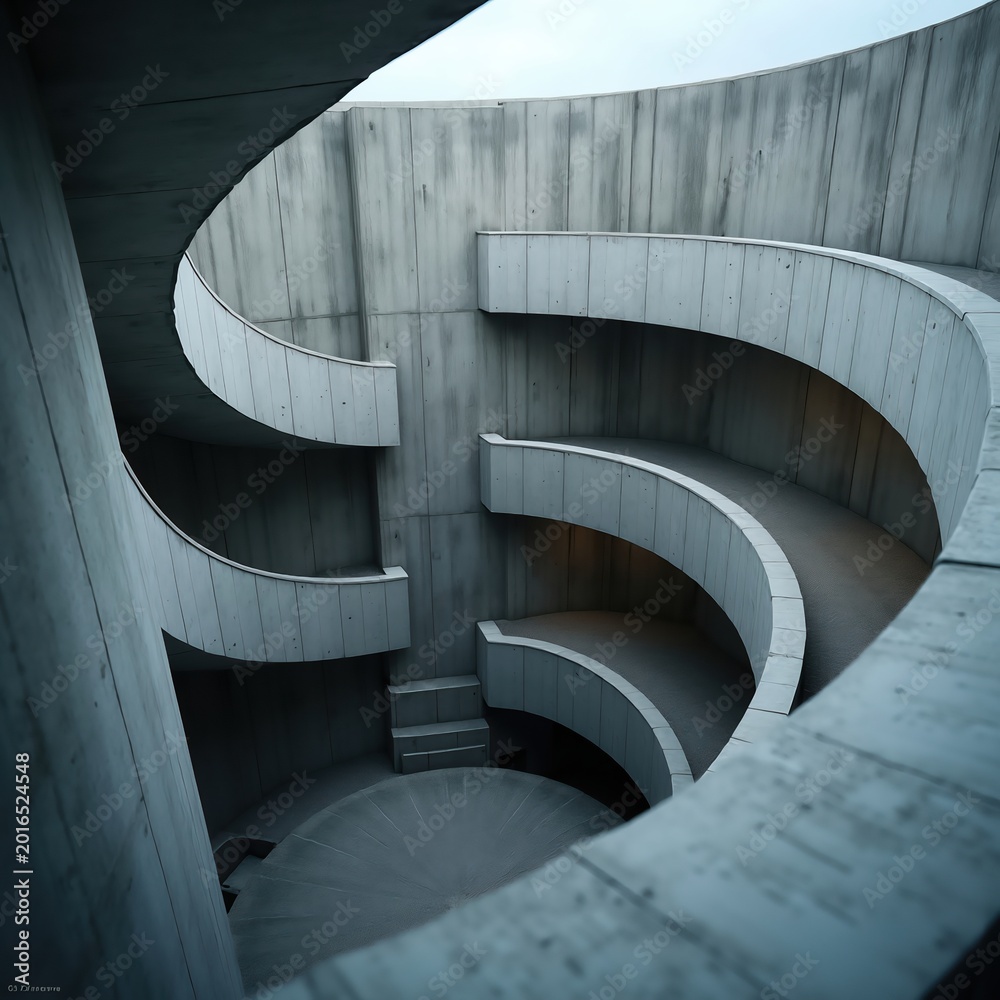 Fototapeta premium Spiraling Brutalist Concrete Parking Ramp Dynamic Architectural Visuals Featured With Sharp Edges